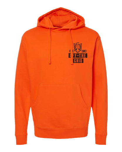 Orange fleece hoodie featuring a soaring eagle design from Off The Grid Surplus, with a front view showing the detailed eagle graphic.