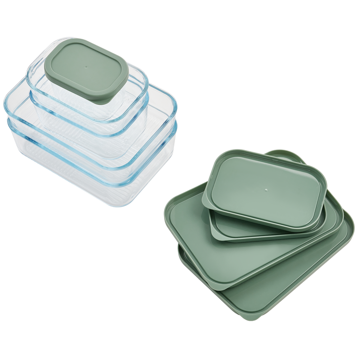 Set of six Dura Living airtight glass food storage containers with soft sage lids in various sizes, including 25.35oz and 40.57oz.