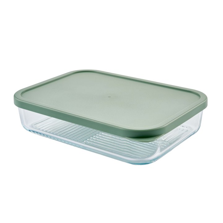 Dura Living Container Culture 6-piece soft sage glass food storage set with airtight lids in mixed sizes, 25.35oz and 40.57oz.