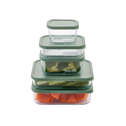 Dura Living Container Culture 6-piece glass food storage set with soft sage lids in mixed 25.35oz and 40.57oz sizes, airtight and clear
