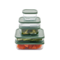 Dura Living Container Culture 6-piece glass food storage set with soft sage lids in mixed 25.35oz and 40.57oz sizes, airtight and clear