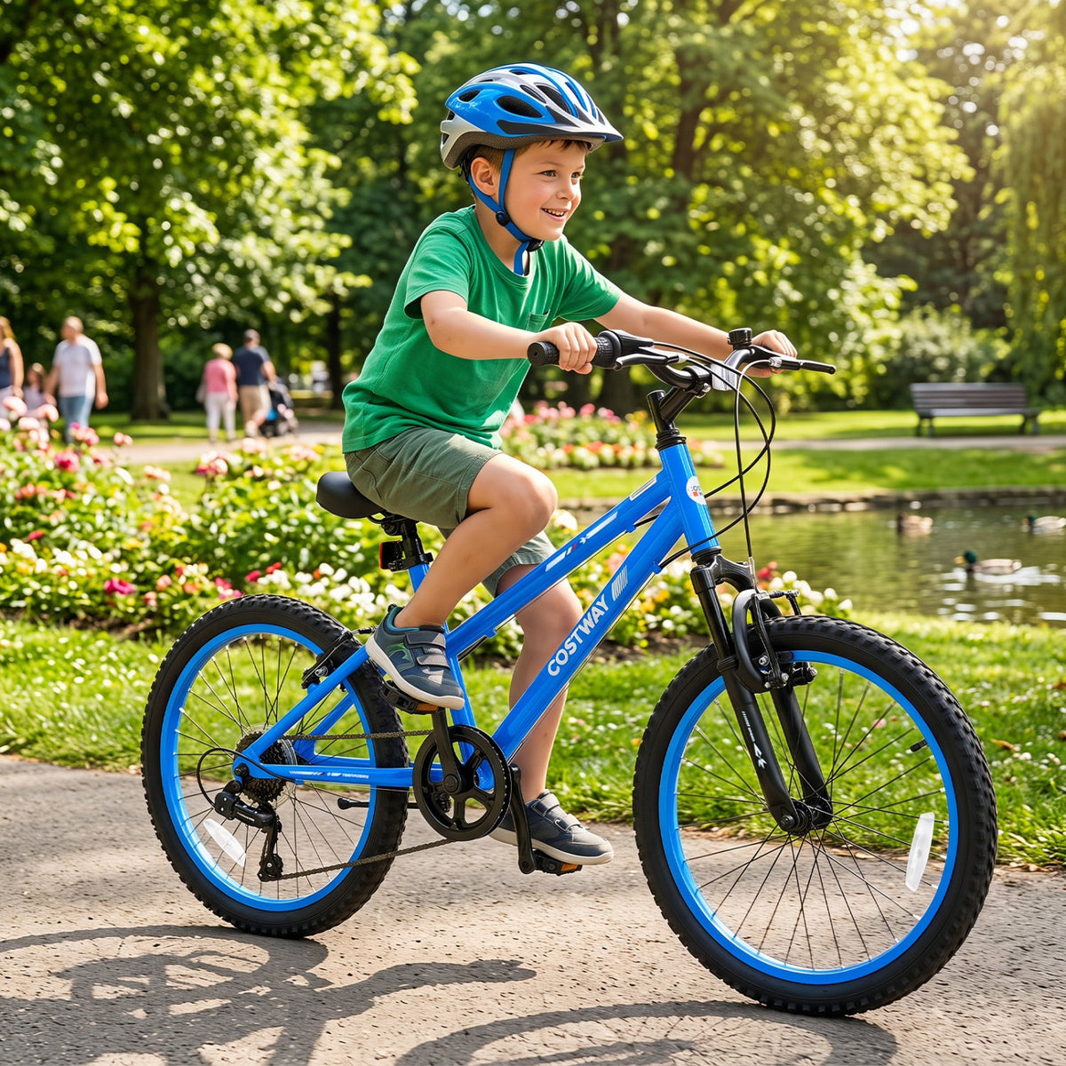 20-inch kids mountain bike with adjustable seat by GBruno Store, featuring sturdy frame and colorful design for young riders.