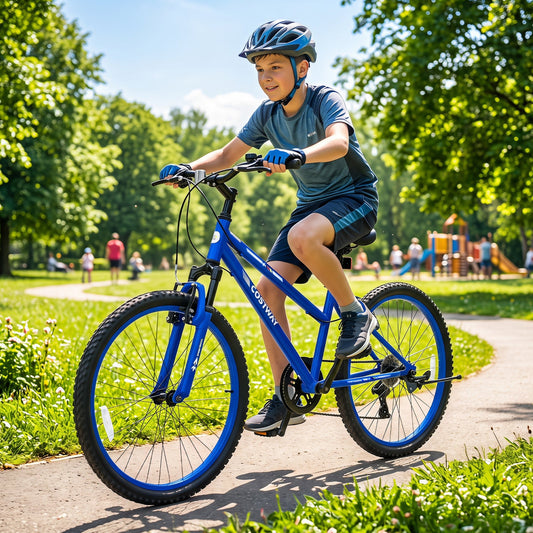 24-inch kids mountain bike by GBruno Store featuring 7-speed gears and adjustable suspension for young riders.