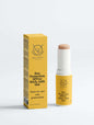 Tinted SPF50 mineral sunscreen stick by BelleVie Cosmétiques with zinc oxide and titanium dioxide, showing the compact tube and applicator.