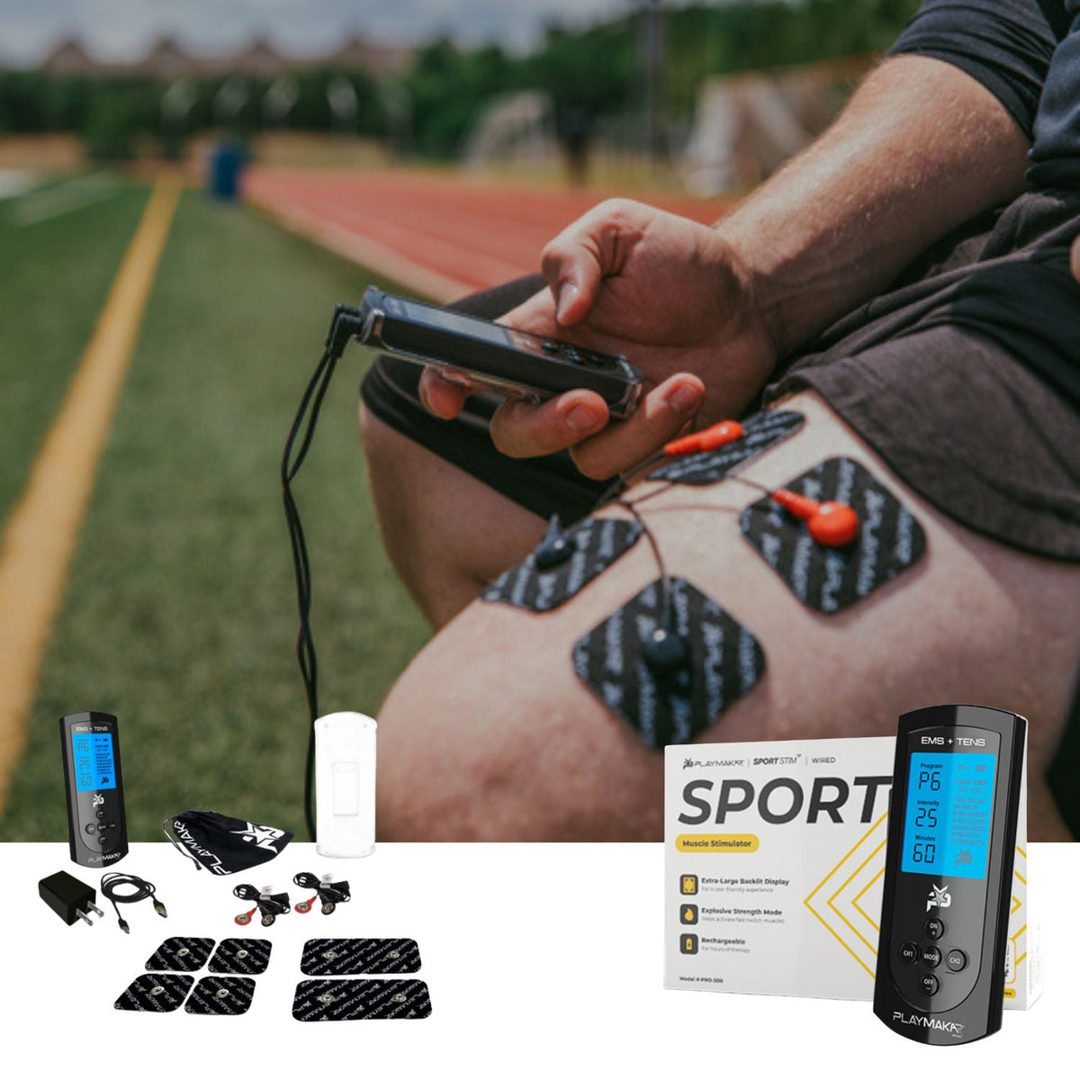 iReliev SPORT TENS + EMS Muscle Stimulator device with control panel and electrode pads for pain relief and muscle therapy.
