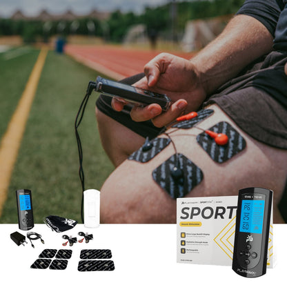 iReliev SPORT TENS + EMS Muscle Stimulator device with control panel and electrode pads for pain relief and muscle therapy.