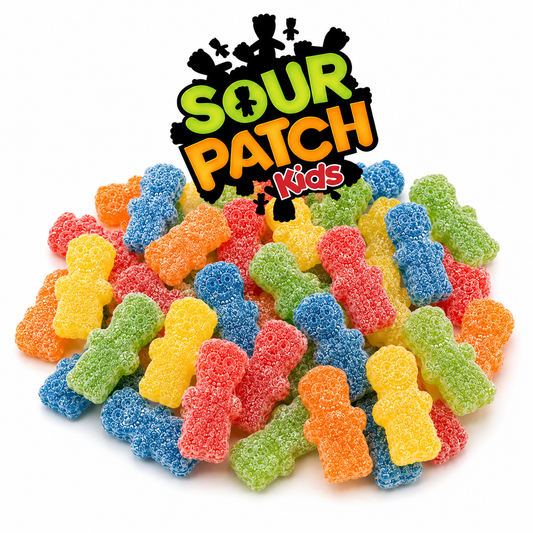 Soft and chewy Sour Patch Kids candy in original flavor, shown in a bulk value bag by Candy In Bulk.