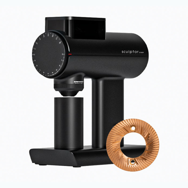 Timemore Electric Coffee Grinder Sculptor 078SSP with stainless steel body and ceramic burrs, ready for ground coffee.