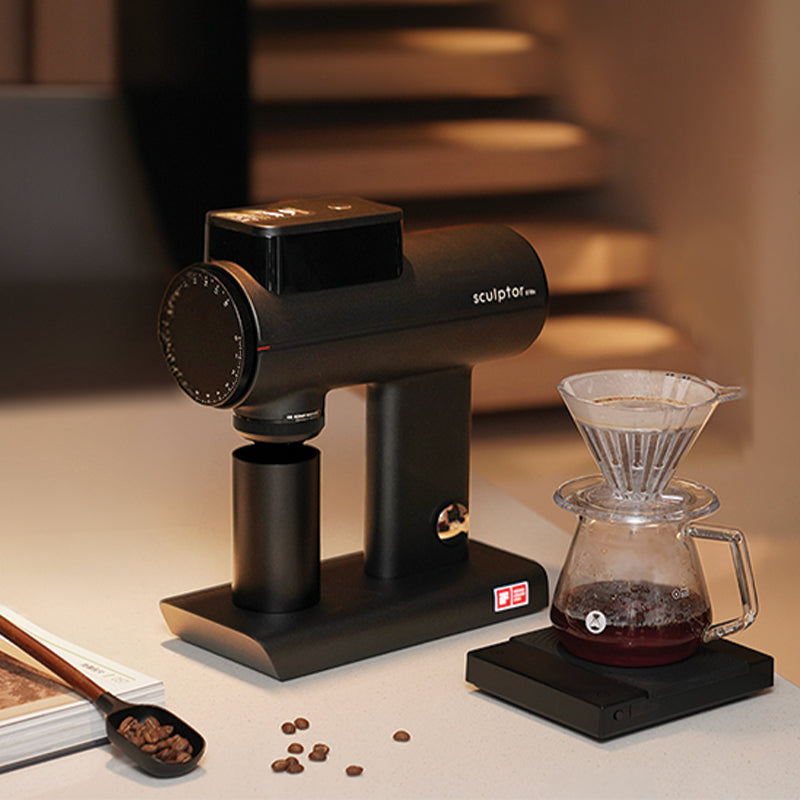 Timemore Electric Coffee Grinder Sculptor 078SSP with stainless steel body and sleek design for home brewing.