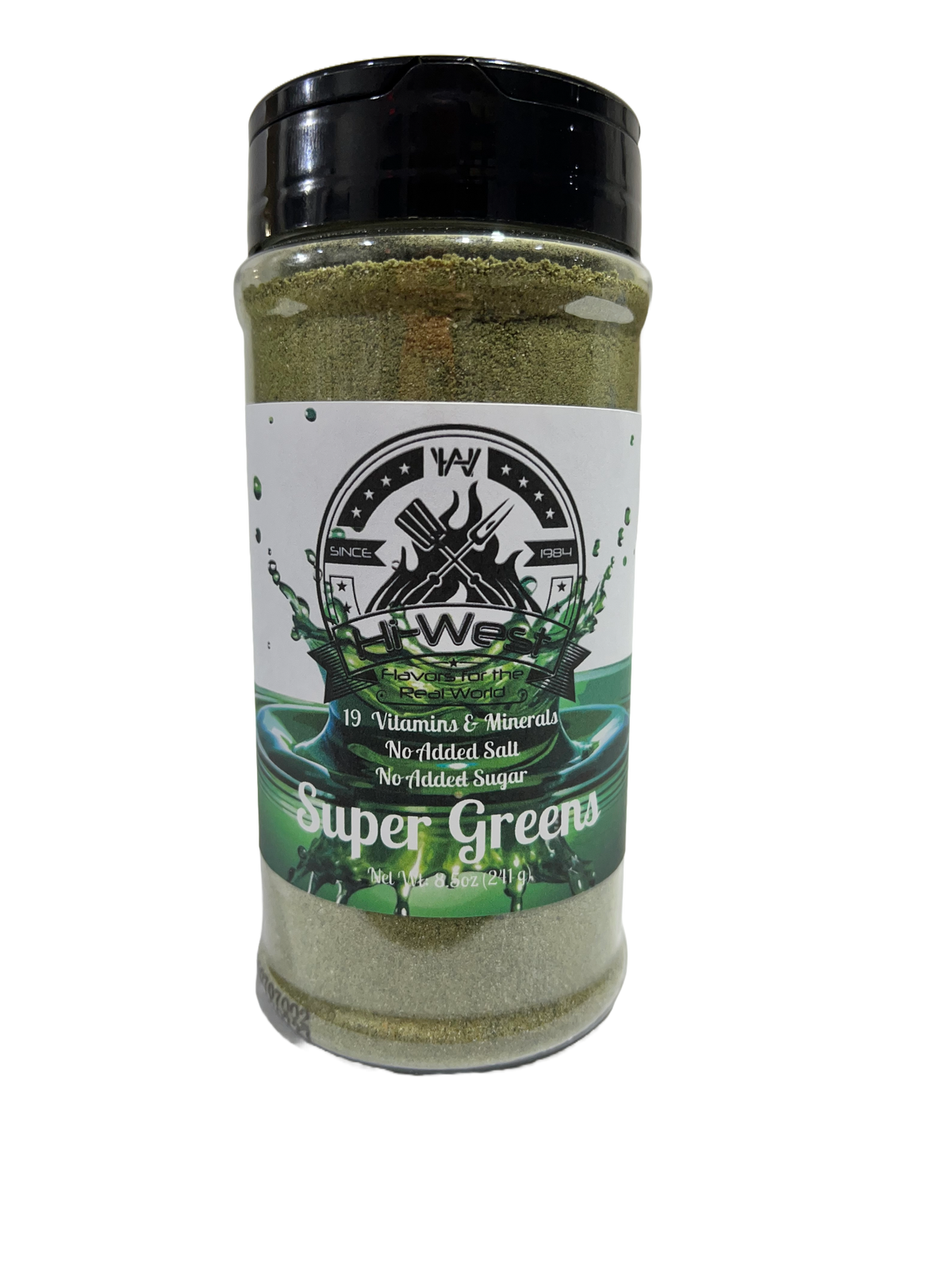 Hi-West Super Greens drink mix in a green powder container, showcasing the green drink powder by Hi-West Foods, Inc.