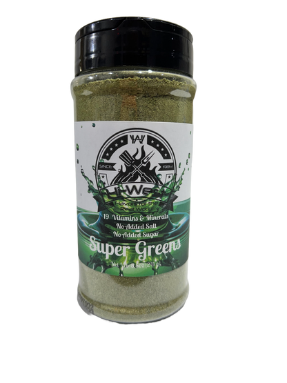 Hi-West Super Greens drink mix in a green powder container, showcasing the green drink powder by Hi-West Foods, Inc.