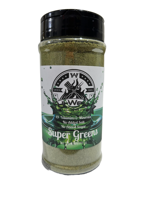 Hi-West Super Greens drink mix in a green powder container, showcasing the green drink powder by Hi-West Foods, Inc.