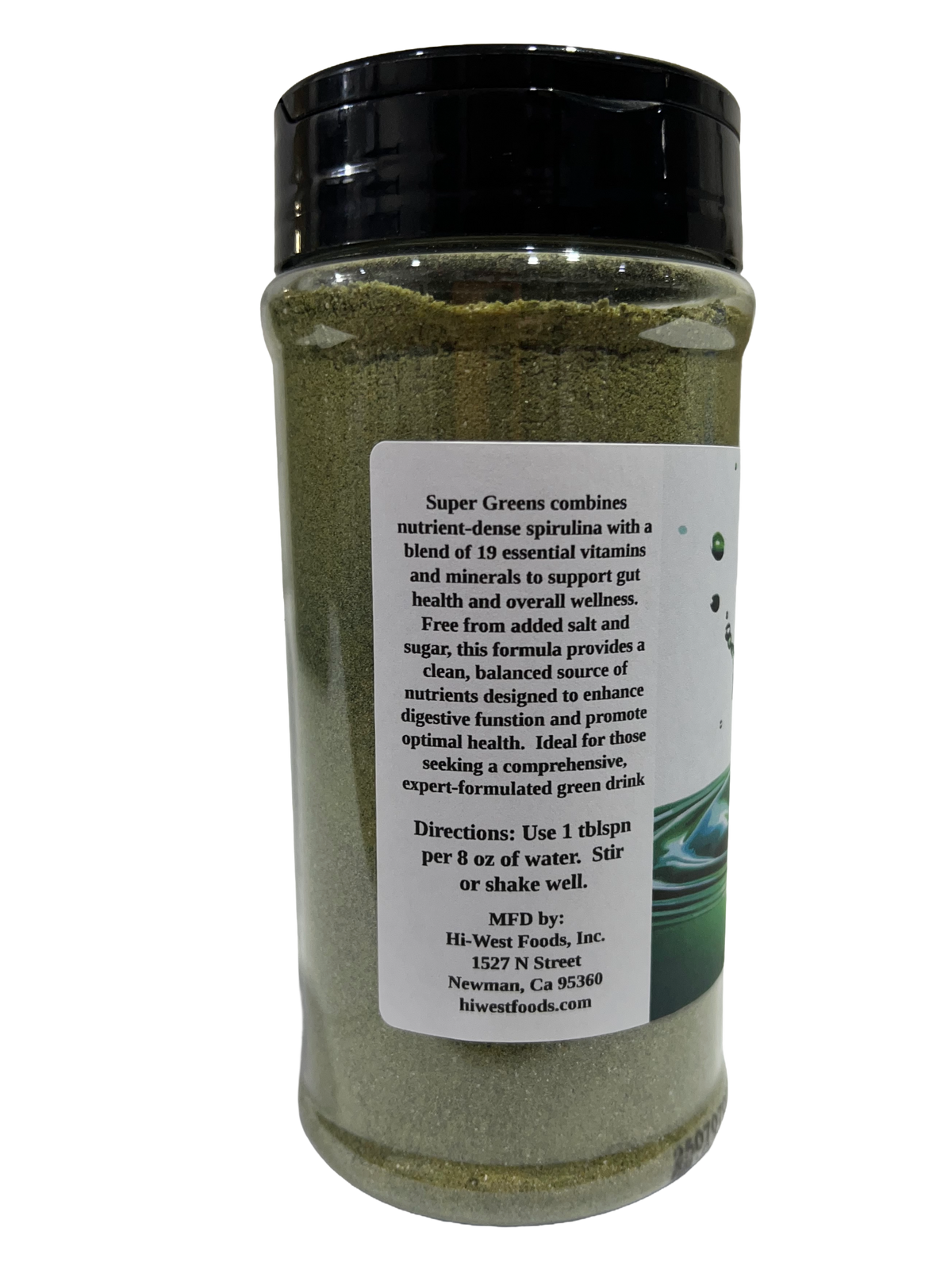 Hi-West Super Greens Drink Mix green powder in a container, showing vibrant green color and packaging label.
