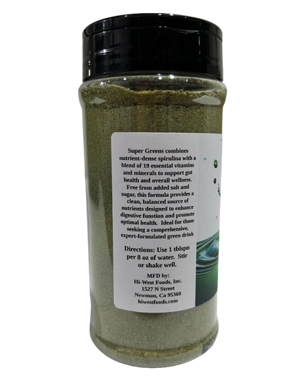 Hi-West Super Greens Drink Mix green powder in a container, showing vibrant green color and packaging label.