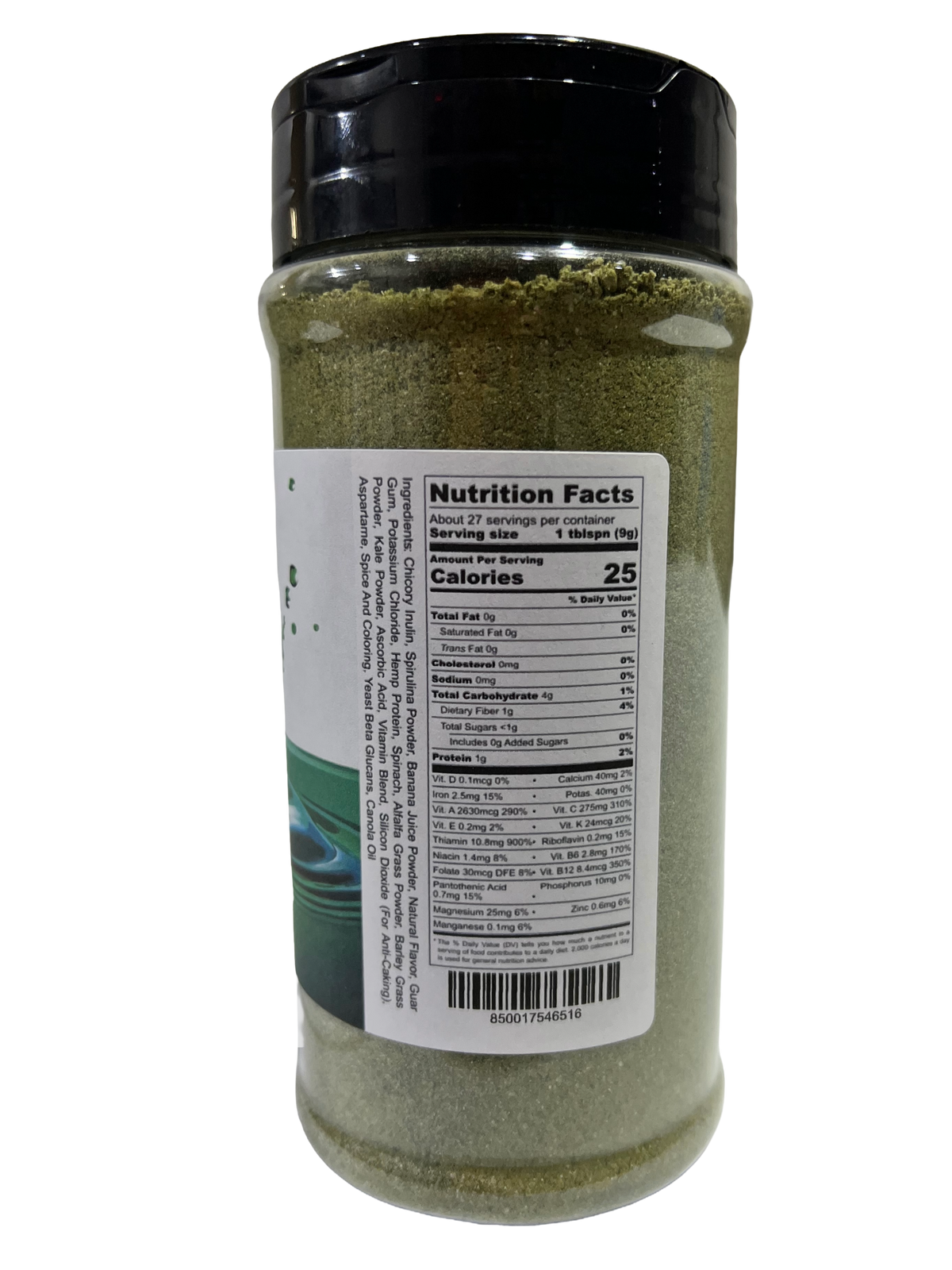 Hi-West Super Greens Drink Mix in a green powder container, featuring vibrant packaging and fresh green ingredients.