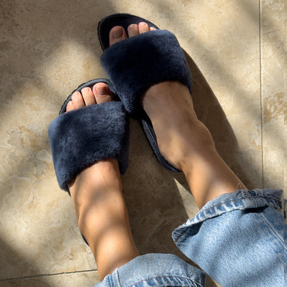 Fleks San Ysidro Slide in deep blue sea color, featuring a comfortable slip-on design with cushioned sole and casual style.