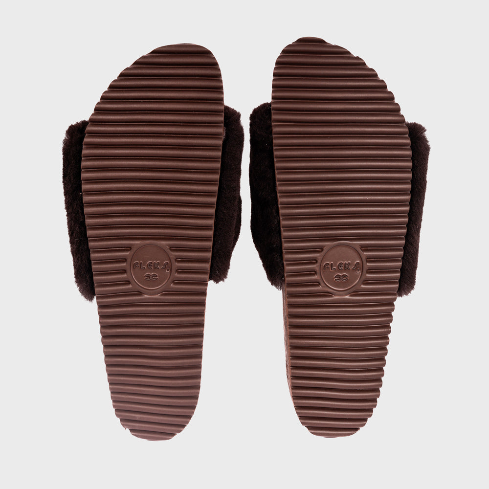 Fleks San Ysidro Slide in espresso with a textured outsole, showcasing comfortable slip-on footwear for casual wear.