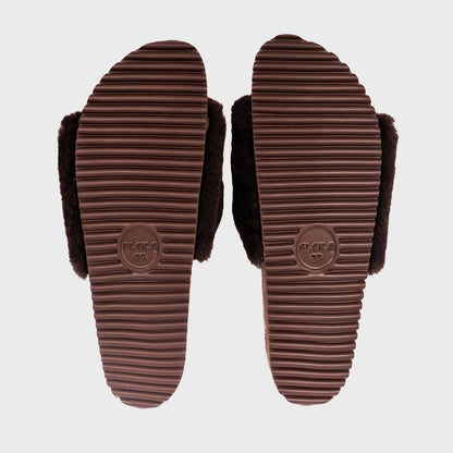 Fleks San Ysidro Slide in espresso with a textured outsole, showcasing comfortable slip-on footwear for casual wear.