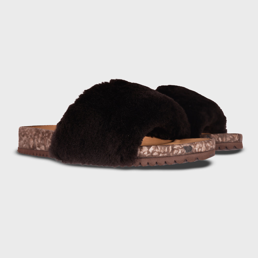 Pair of Fleks San Ysidro Slide sandals in espresso color, featuring open-toe design and casual slip-on style.