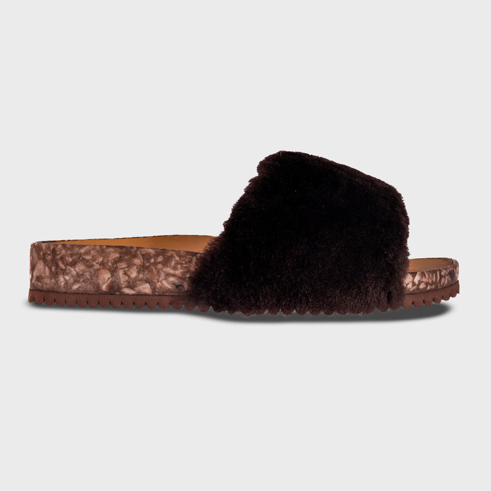 Fleks San Ysidro Slide in espresso color, featuring a sleek, single-profile sandal with cushioned straps and comfortable sole.
