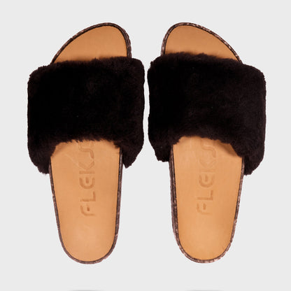 Fleks San Ysidro Slide in espresso color, featuring a stylish and comfortable slip-on sandal with a smooth top-down view.
