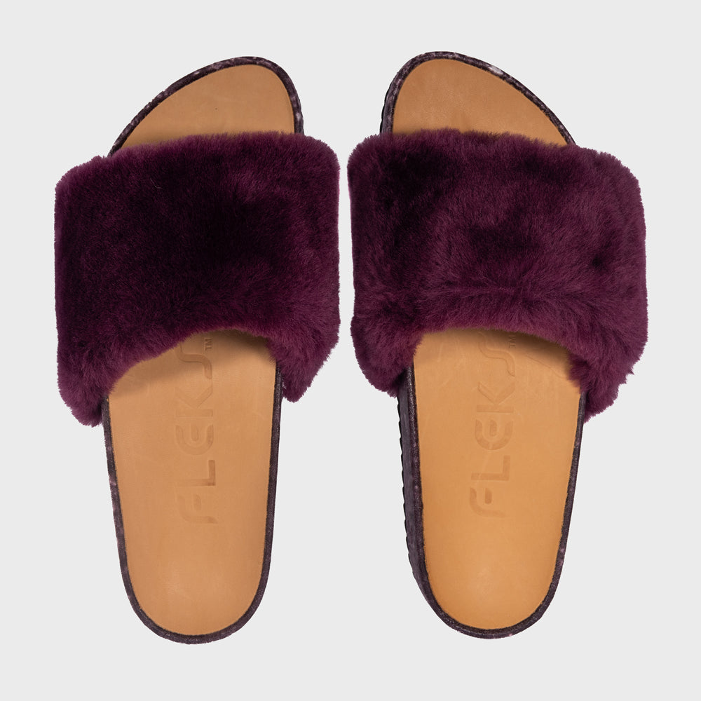 Fleks San Ysidro Slide in Fig color, top-down view showing sleek sandal design with strap details and comfortable sole.