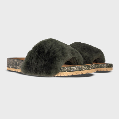 Fleks San Ysidro Slide in Forest color, showing a pair of stylish slide sandals with green straps and comfortable design.