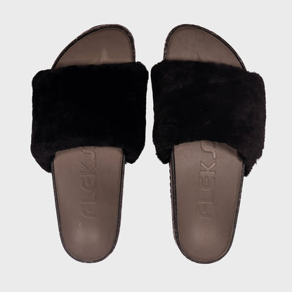 Fleks San Ysidro Slide in Raven color, top-down view showcasing sleek design and comfortable slide footwear.