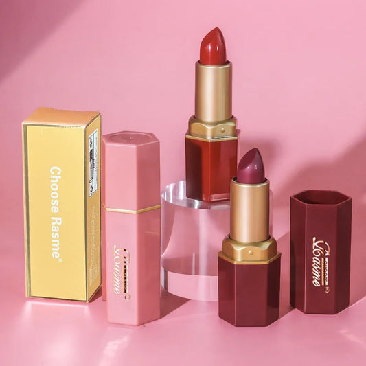 Blushimmer matte velvet lipstick in gold bar tube with pearlescent glitter finish, available in 6 colors, perfect for Valentine's Day.