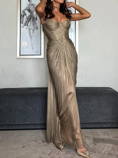 Antique gold low back lace-up party dress by Luxlife Brands featuring elegant design and intricate lace details.