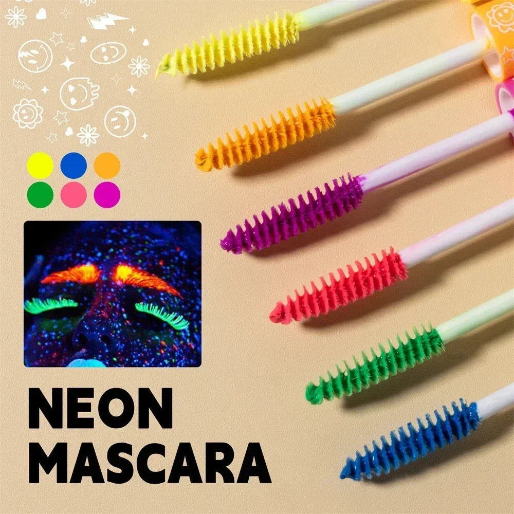 Blushimmer 6-color neon waterproof mascara with luminous pigment, quick-dry, non-caking extension for bold eye makeup.