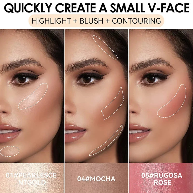 Blushimmer face pearl stone highlighter stick with contour and blush for luminous, sculpted cheekbone makeup application.