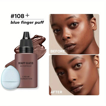 Blushimmer 2024 liquid matte foundation with matching blue puff, full coverage, waterproof, natural finish, and included applicator.