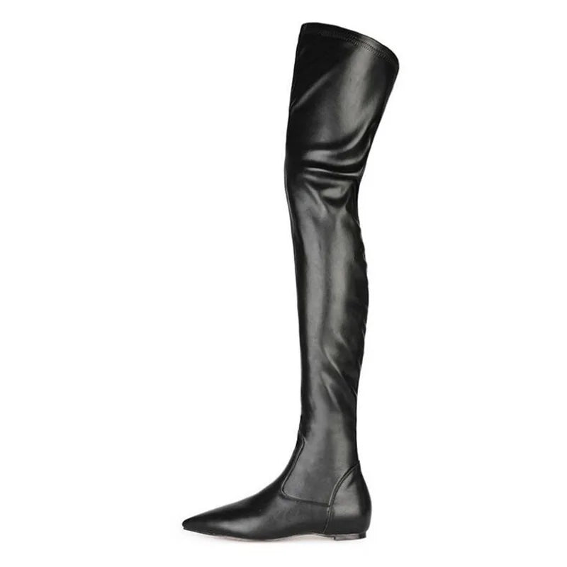 Soft Leather Height Increasing Black Long Boots Pointed Toe Stretch Slip On Winter Fashion Boots Size 44 Over The Knee Boots