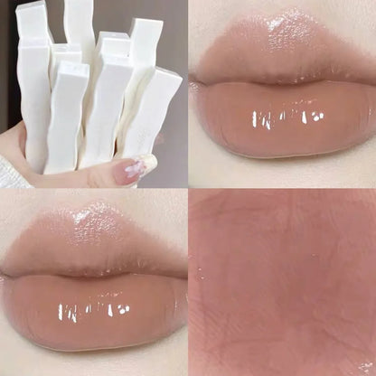 Blushimmer mirror lip gloss in transparent tube with six color options, moisturizing nude liquid lipstick with floral design.