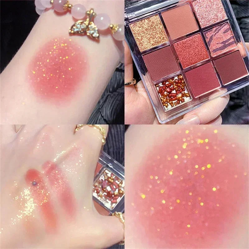 Blushimmer chocolate eye shadow palette with 9 pearly matte and shiny sequin earth-tone pigments for lasting makeup looks
