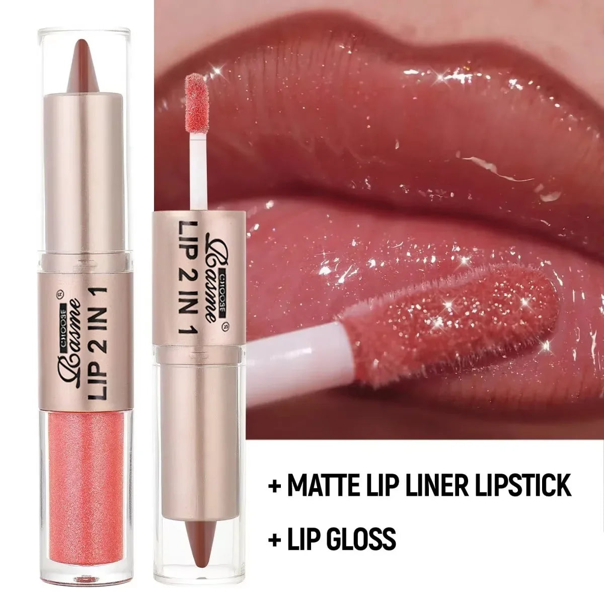 Blushimmer 2-in-1 lipstick and lip gloss with dual-end design, waterproof long-lasting lip liner and moisturizing glossy finish.