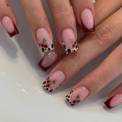 Blushimmer 3D bowknot pearl leopard French nude almond fake nails, stylish wearable press-on false nails with elegant design