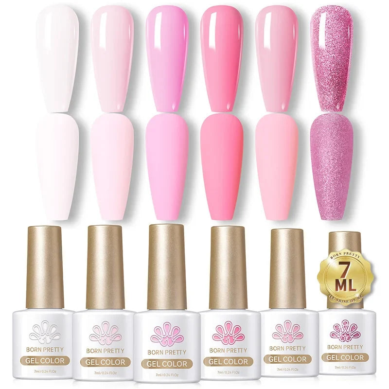 BORN PRETTY Blushimmer 6-piece crystal amber gel nail polish set featuring jelly pink and nude shades for semi-permanent UV LED manicure.