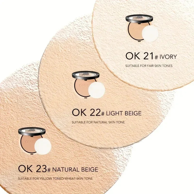 Blushimmer pressed waterproof face powder compact with full coverage, oil control, and three shades for long-lasting makeup.