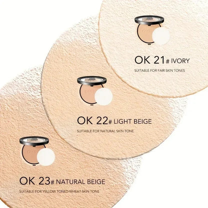 Blushimmer pressed waterproof face powder compact with full coverage, oil control, and three shades for long-lasting makeup.