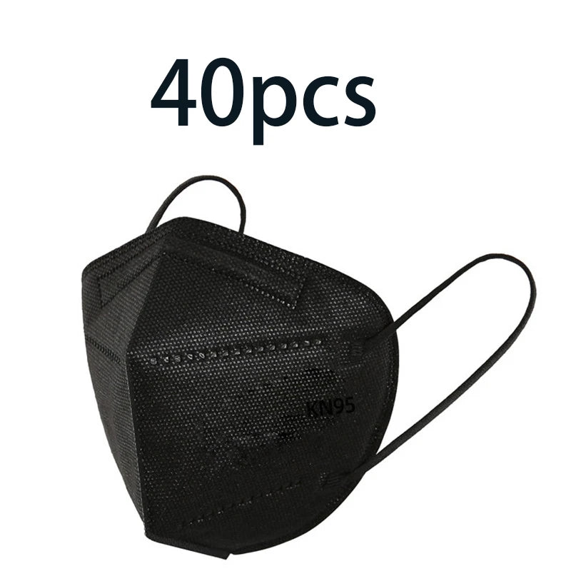 20/40/60pcs white and black 5-layer KN95 masks, with breathable elastic earrings, filtration efficiency of 95%, dustproof