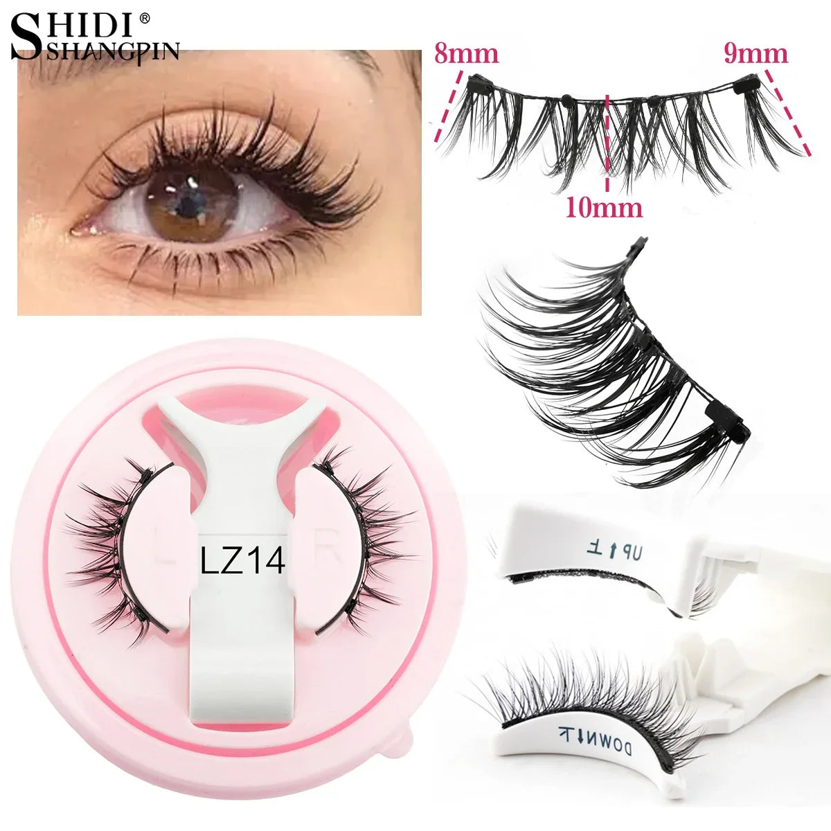 Pair of Blushimmer magnetic false eyelashes with fluffy faux mink style, reusable, with magnetic tweezers on a white background.