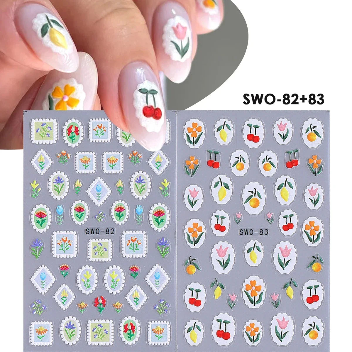 Colorful Blushimmer Sweet Element nail art stickers featuring flowers, hearts, cherries, strawberries, bows, butterflies for manicures.
