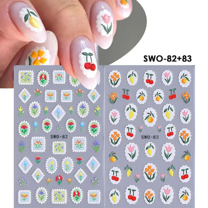 Colorful Blushimmer Sweet Element nail art stickers featuring flowers, hearts, cherries, strawberries, bows, butterflies for manicures.