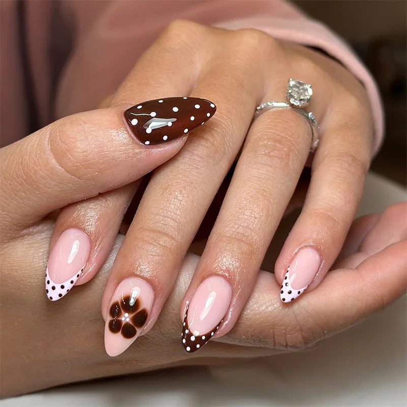 Blushimmer 24-piece wine red almond press-on nails with cartoon rabbit, bowknot, plaid, and pearl designs, French fake nails for girls