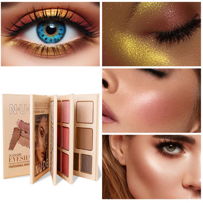 Blushimmer 43-color all-in-one makeup palette with matte and shimmer eyeshadows, blush, contour, and highlighter in a 4-layer book design.