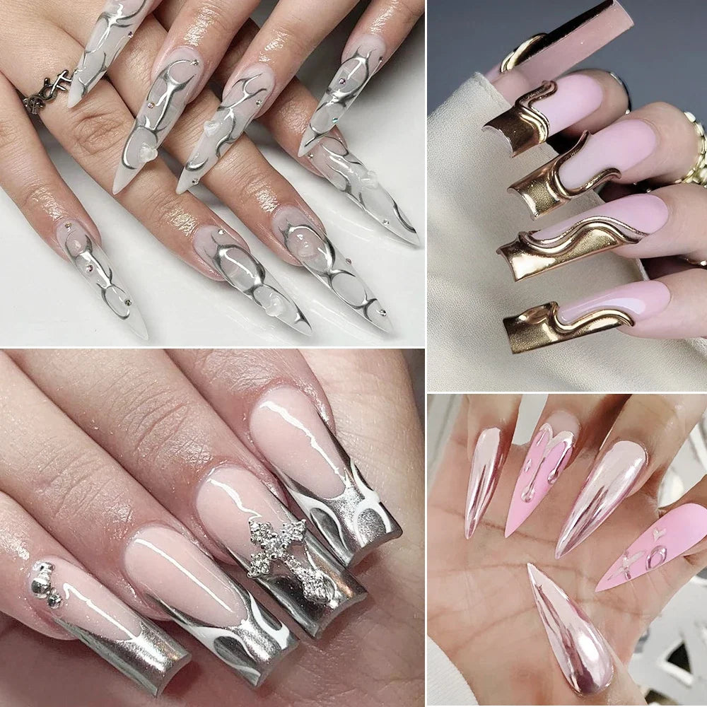 Blushimmer MingLee silver metallic gel nail polish with chrome mirror finish, glossy 3D metal painted gel for manicure, 5ml bottle