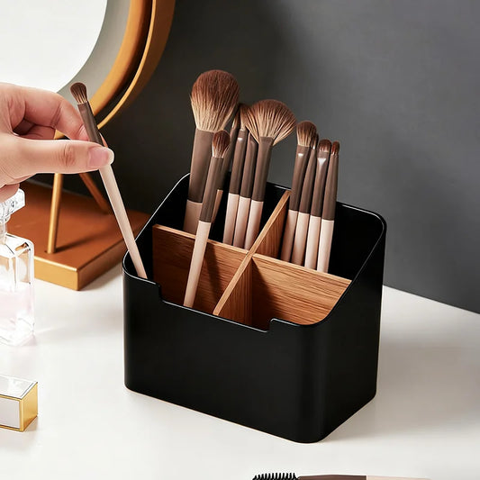 Blushimmer remote control holder and desktop organizer with compartments for TV remotes, makeup brushes, and office supplies.