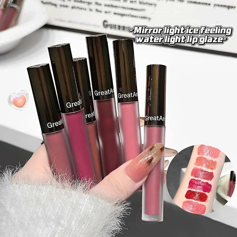 Blushimmer Berry Red Mirror Translucent Lip Gloss showing a clear, water-light, moisturizing lipstick with a nude brown tint and glossy finish.
